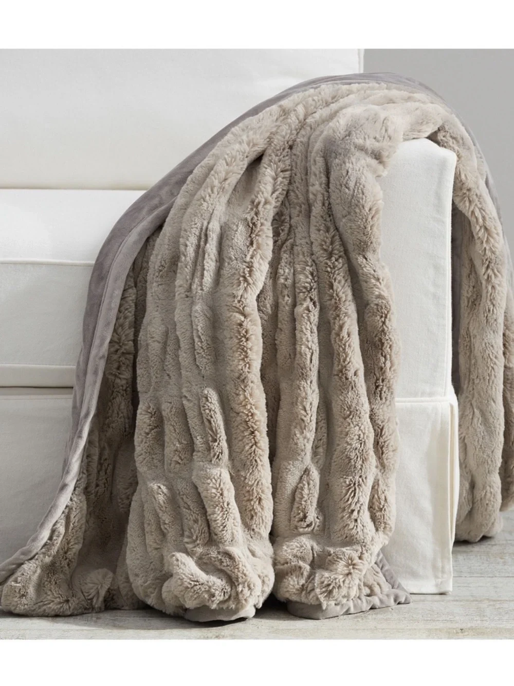 Pottery Barn Ruched Faux Fur Throw Gray 60x80 Oversized Blanket Soft Cozy Luxury